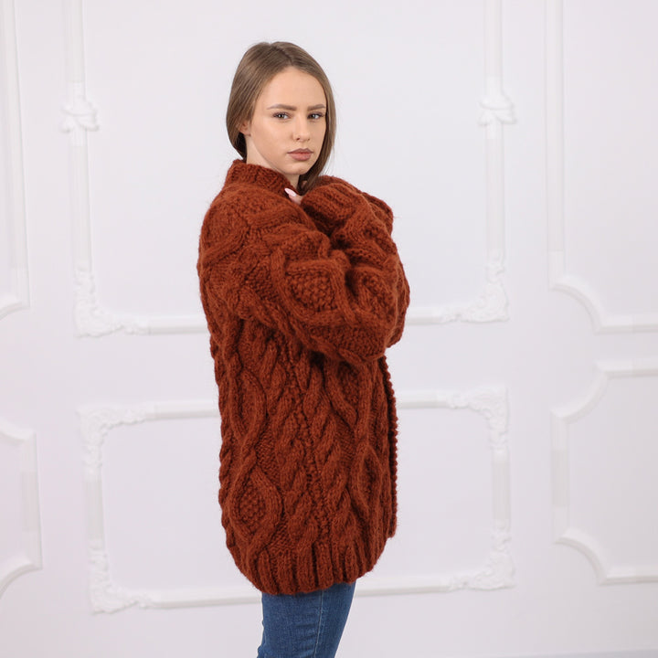 Chunky Alpaca Cable Knit Cardigan, Soft Italian Yarn, Wooden Buttons, Cozy Fit T2077