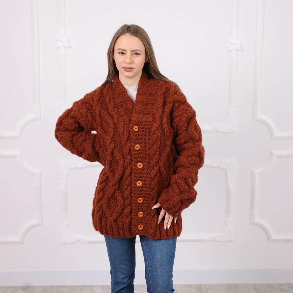Chunky Alpaca Cable Knit Cardigan, Soft Italian Yarn, Wooden Buttons, Cozy Fit T2077