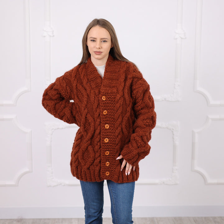 One available in size XL, Brown Alpaca Cable Knit Cardigan, Soft Italian Yarn T2077