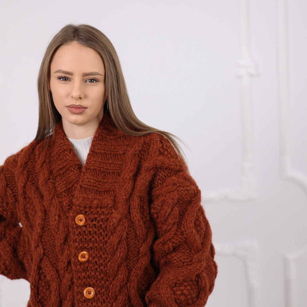 One available in size XL, Brown Alpaca Cable Knit Cardigan, Soft Italian Yarn T2077