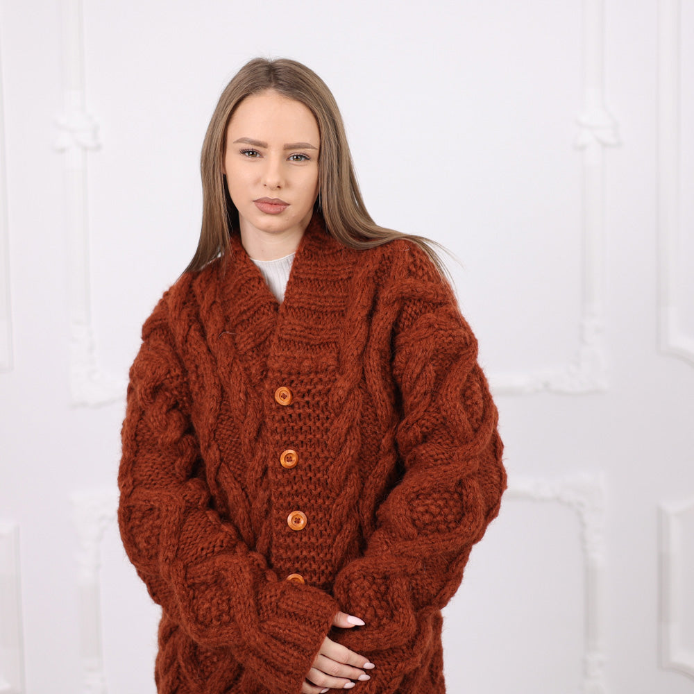 Chunky Alpaca Cable Knit Cardigan, Soft Italian Yarn, Wooden Buttons, Cozy Fit T2077