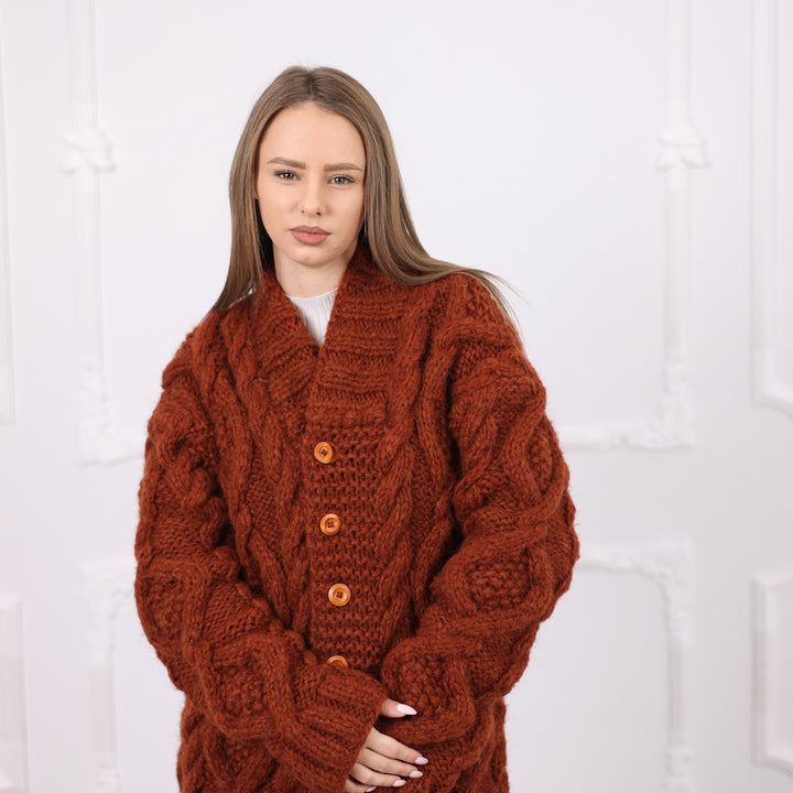 One available in size XL, Brown Alpaca Cable Knit Cardigan, Soft Italian Yarn T2077