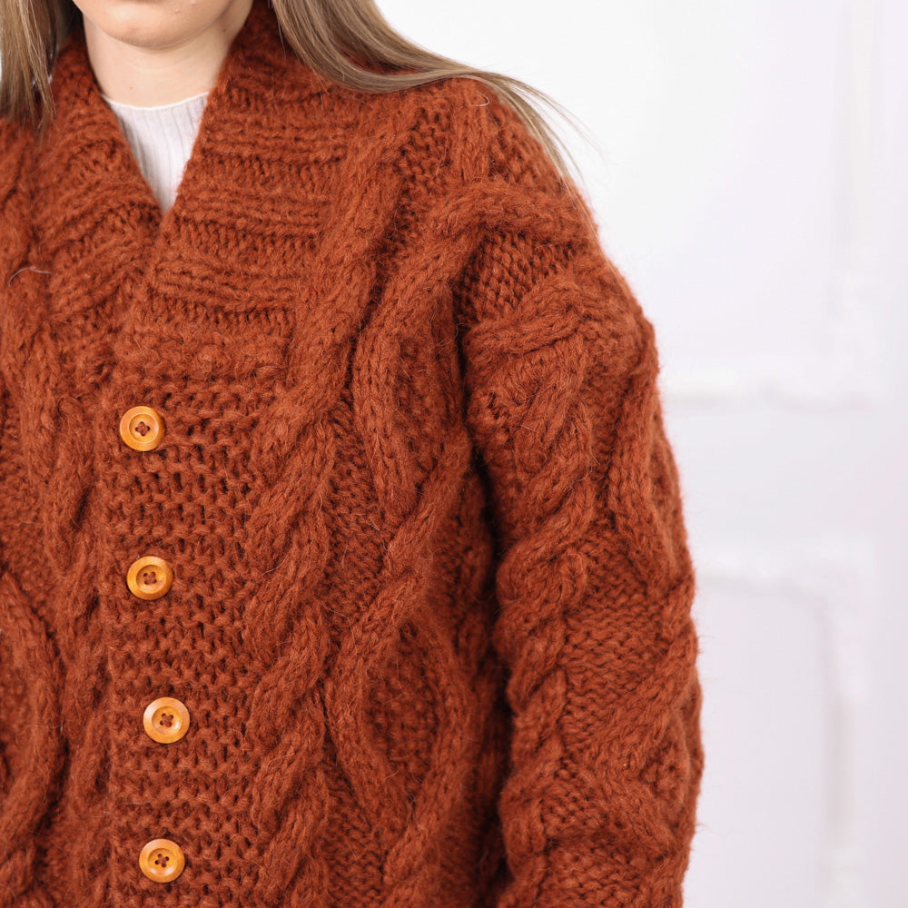 One available in size XL, Brown Alpaca Cable Knit Cardigan, Soft Italian Yarn T2077