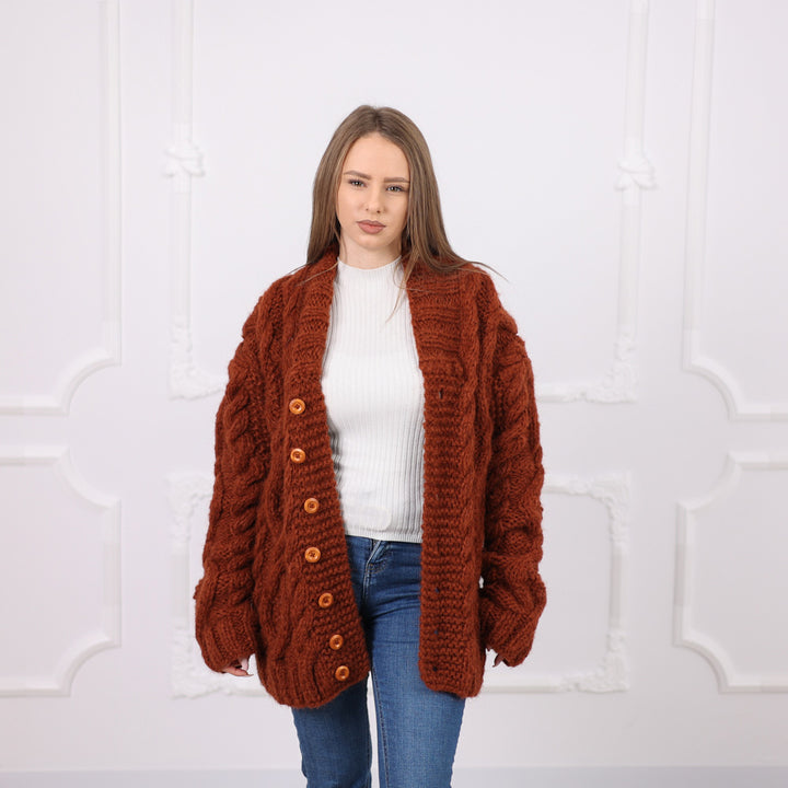 One available in size XL, Brown Alpaca Cable Knit Cardigan, Soft Italian Yarn T2077