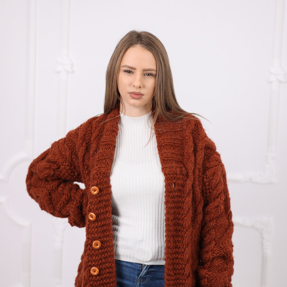 One available in size XL, Brown Alpaca Cable Knit Cardigan, Soft Italian Yarn T2077