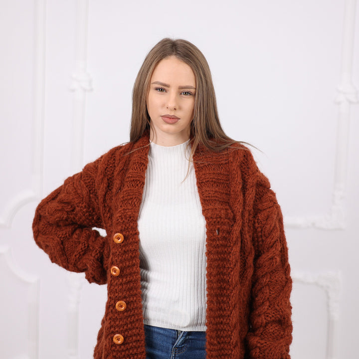 One available in size XL, Brown Alpaca Cable Knit Cardigan, Soft Italian Yarn T2077