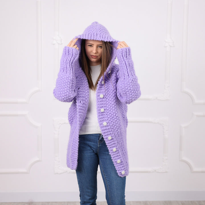 Purple Italian Alpaca Hooded Cardigan, Soft Rice Knit Texture, Button Front, T2078