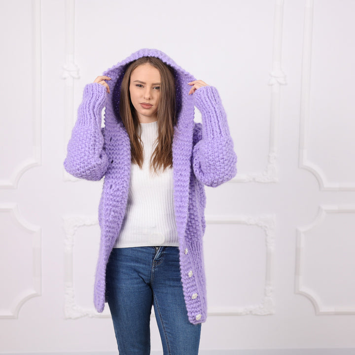 One available in size 2XL, Purple Italian Alpaca Hooded Cardigan, Rice Knit Texture T2078