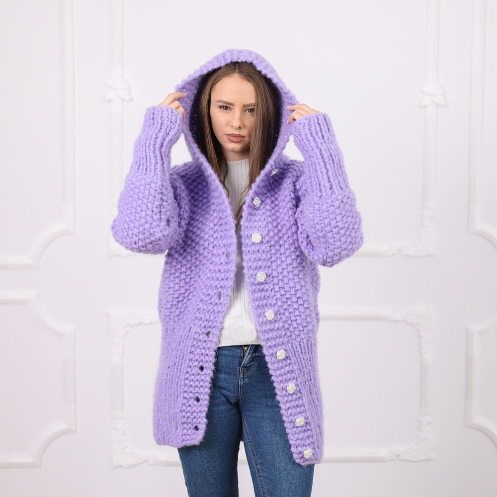 One available in size 2XL, Purple Italian Alpaca Hooded Cardigan, Rice Knit Texture T2078