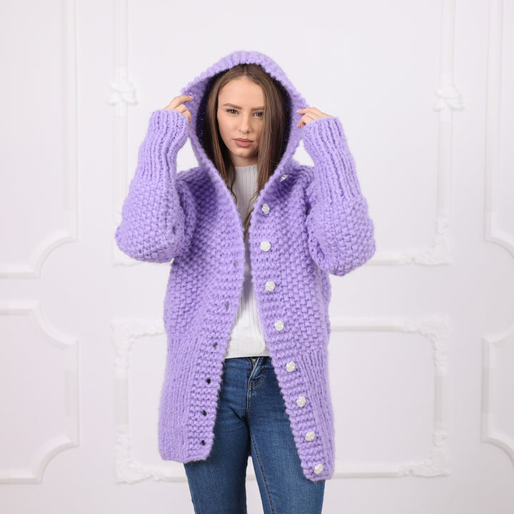 One available in size 2XL, Purple Italian Alpaca Hooded Cardigan, Rice Knit Texture T2078