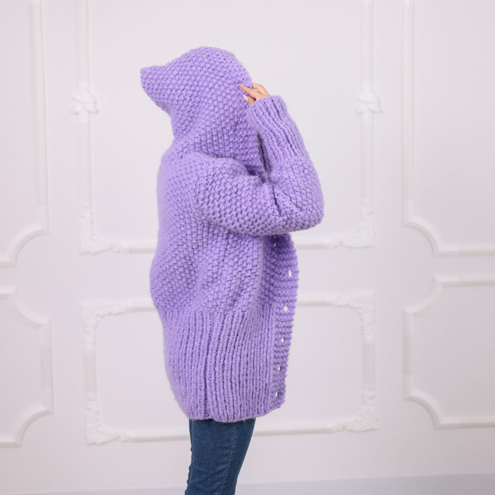 Purple Italian Alpaca Hooded Cardigan, Soft Rice Knit Texture, Button Front, T2078