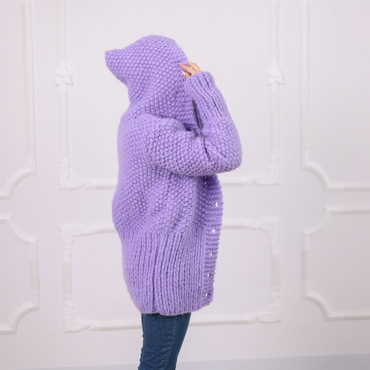 Purple Italian Alpaca Hooded Cardigan, Soft Rice Knit Texture, Button Front, T2078