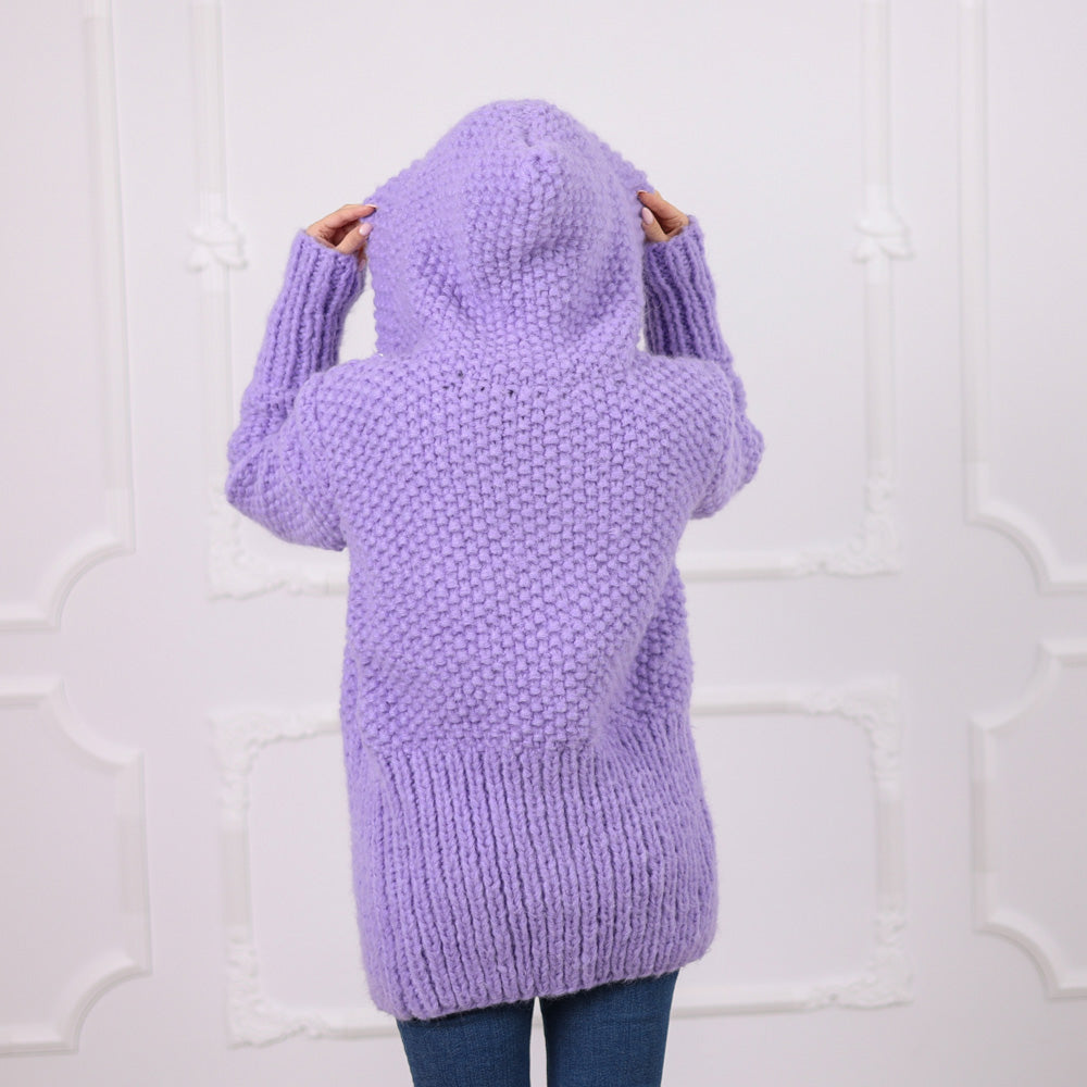 One available in size 2XL, Purple Italian Alpaca Hooded Cardigan, Rice Knit Texture T2078