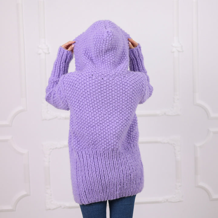 One available in size 2XL, Purple Italian Alpaca Hooded Cardigan, Rice Knit Texture T2078