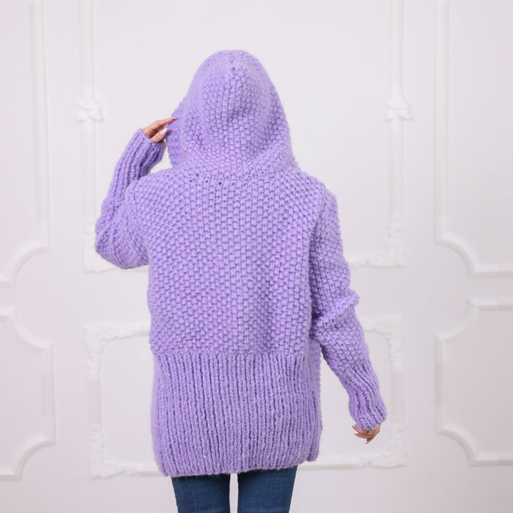 One available in size 2XL, Purple Italian Alpaca Hooded Cardigan, Rice Knit Texture T2078