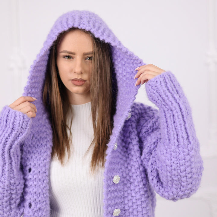 Purple Italian Alpaca Hooded Cardigan, Soft Rice Knit Texture, Button Front, T2078