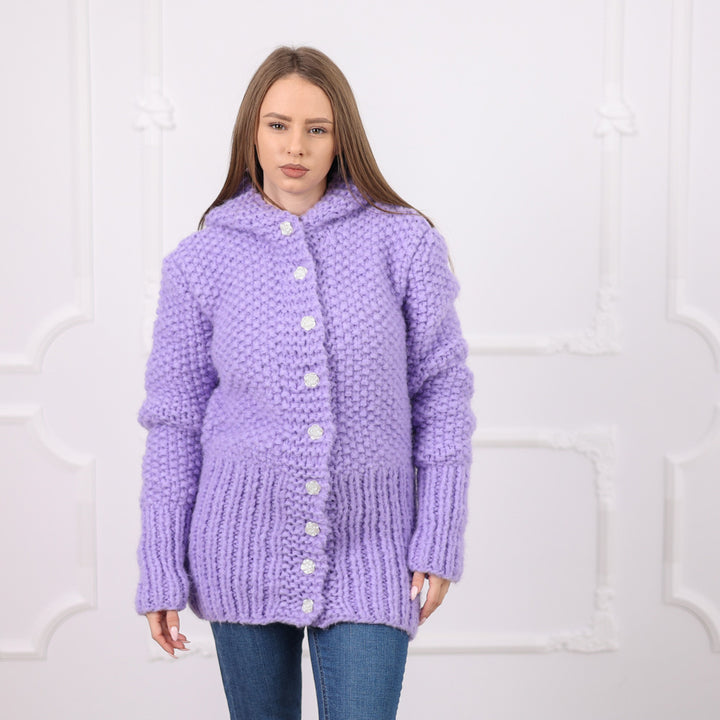 Purple Italian Alpaca Hooded Cardigan, Soft Rice Knit Texture, Button Front, T2078