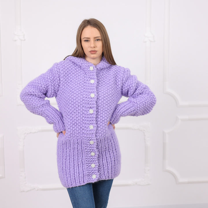 One available in size 2XL, Purple Italian Alpaca Hooded Cardigan, Rice Knit Texture T2078