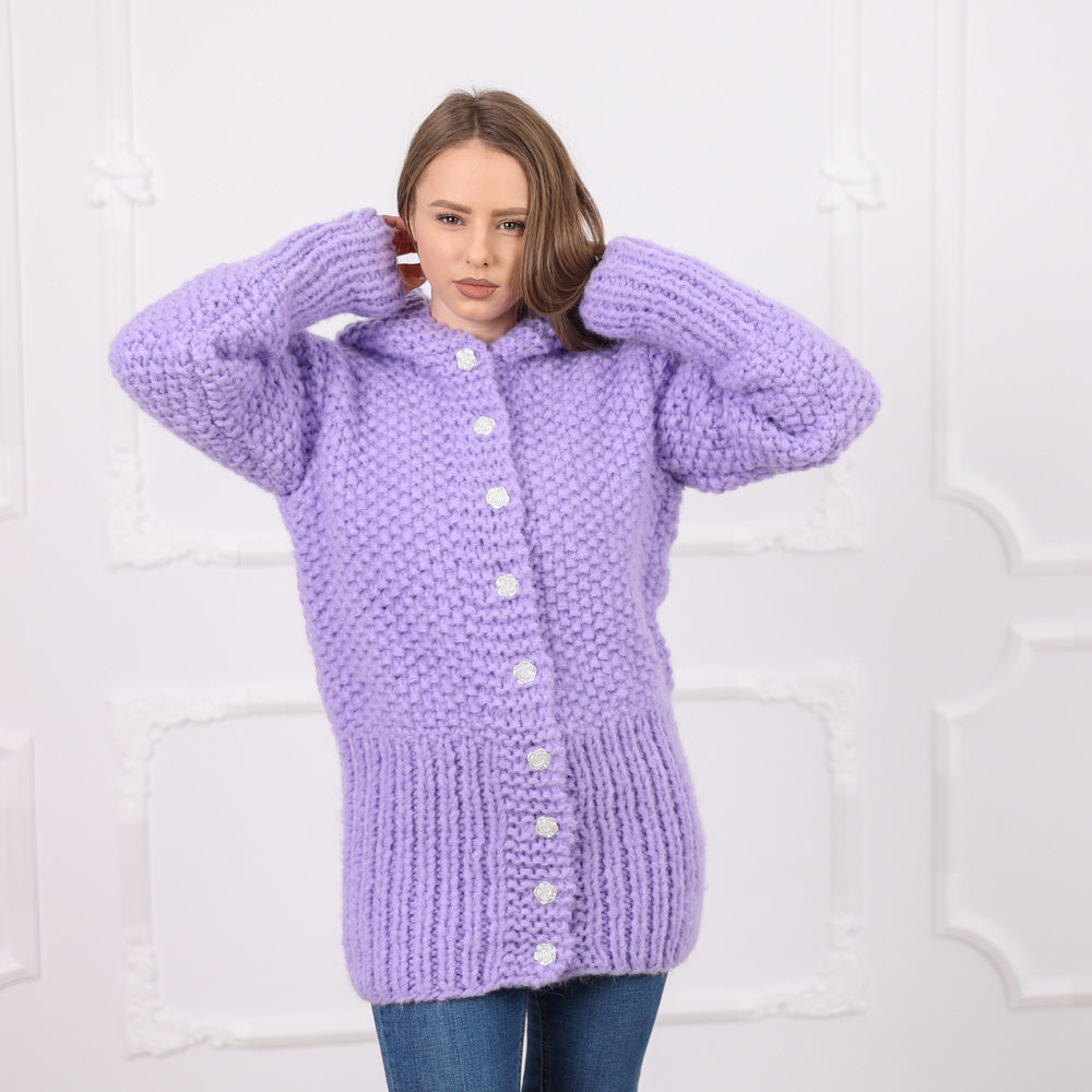 One available in size 2XL, Purple Italian Alpaca Hooded Cardigan, Rice Knit Texture T2078