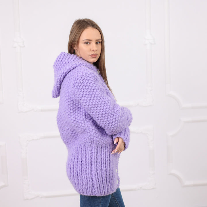 Purple Italian Alpaca Hooded Cardigan, Soft Rice Knit Texture, Button Front, T2078