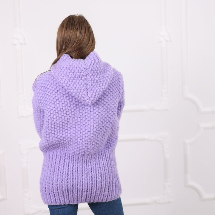 One available in size 2XL, Purple Italian Alpaca Hooded Cardigan, Rice Knit Texture T2078