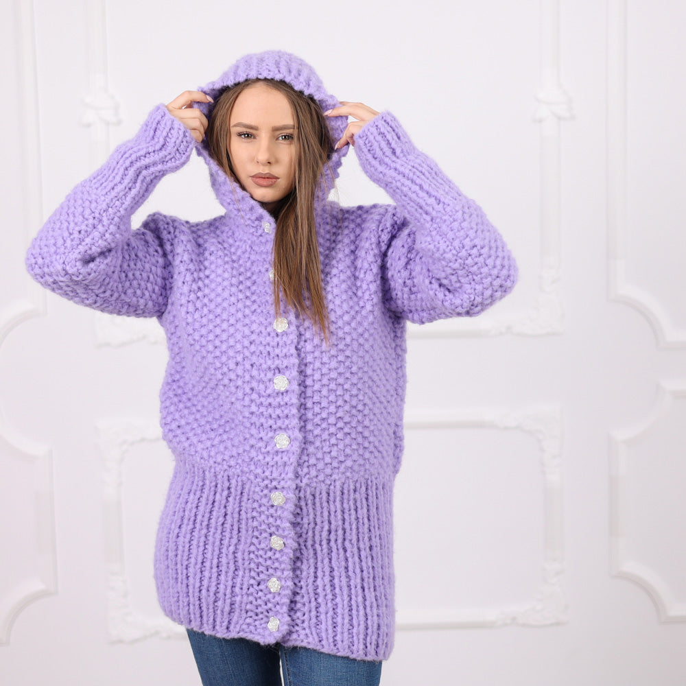 Purple Italian Alpaca Hooded Cardigan, Soft Rice Knit Texture, Button Front, T2078