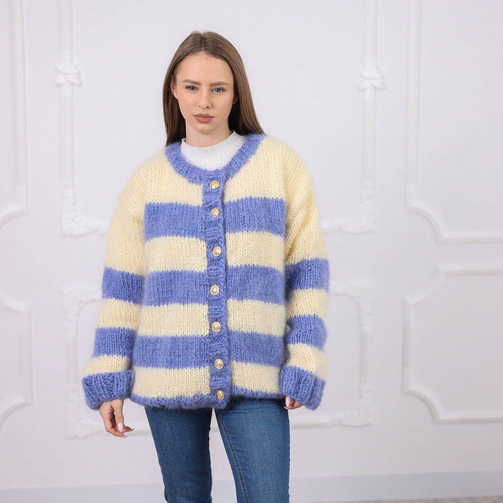 Striped Mohair Cardigan, Soft Natural Texture,  Hand Knitted T2079