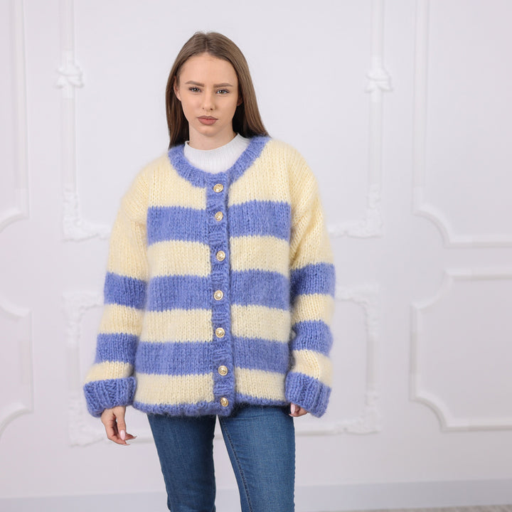 Striped Mohair Cardigan, Soft Natural Texture,  Hand Knitted T2079
