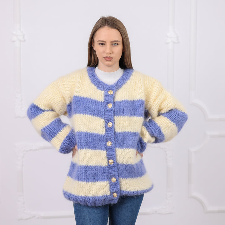 One available in size 6XL, Striped Mohair Cardigan, Soft Natural Texture,  Hand Knitted T2079