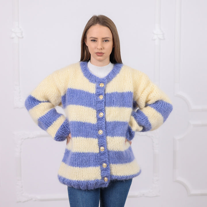 Striped Mohair Cardigan, Soft Natural Texture,  Hand Knitted T2079