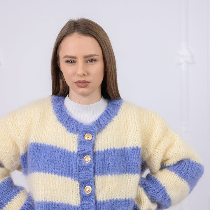 Striped Mohair Cardigan, Soft Natural Texture,  Hand Knitted T2079