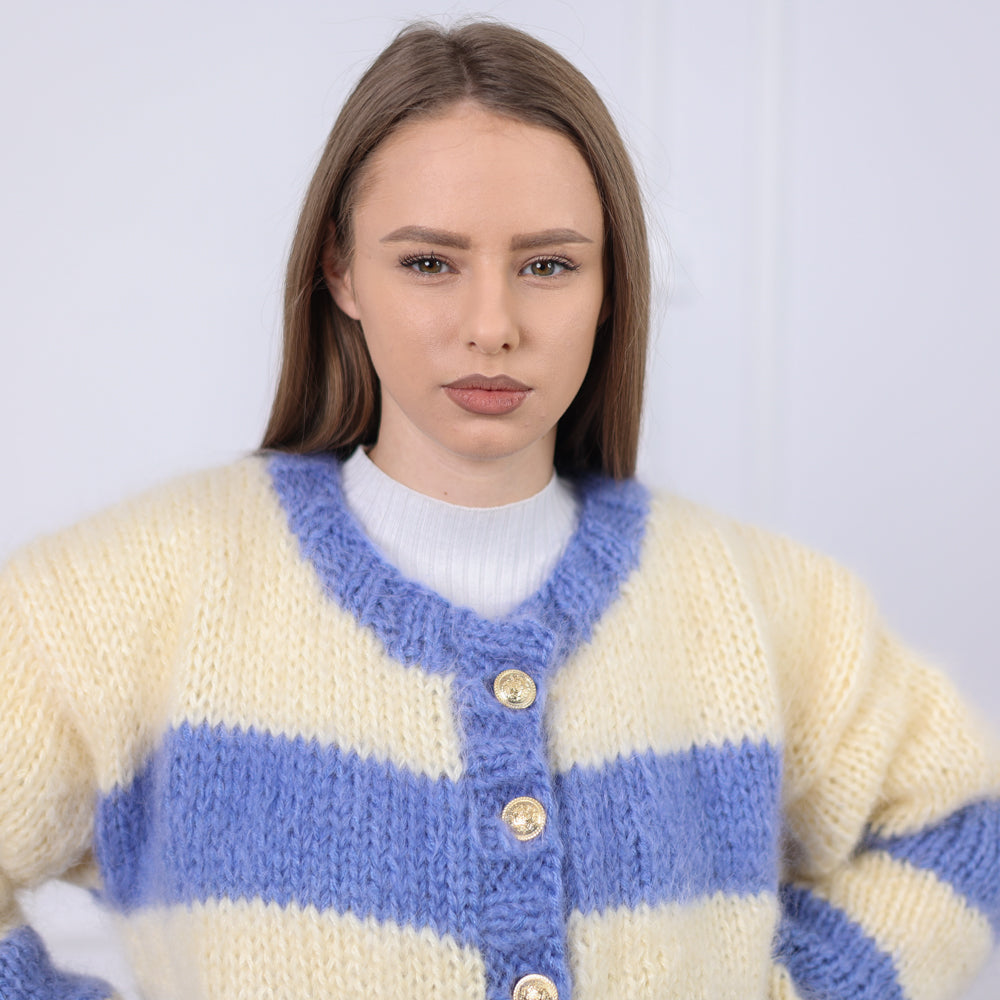 One available in size 6XL, Striped Mohair Cardigan, Soft Natural Texture,  Hand Knitted T2079
