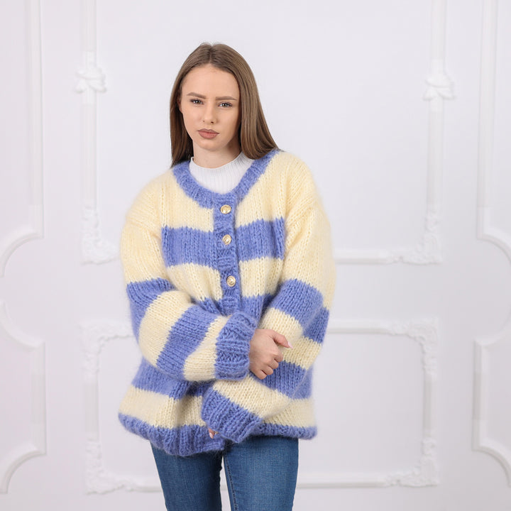 Striped Mohair Cardigan, Soft Natural Texture,  Hand Knitted T2079