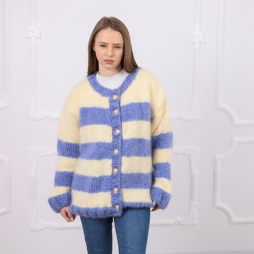 One available in size 6XL, Striped Mohair Cardigan, Soft Natural Texture,  Hand Knitted T2079