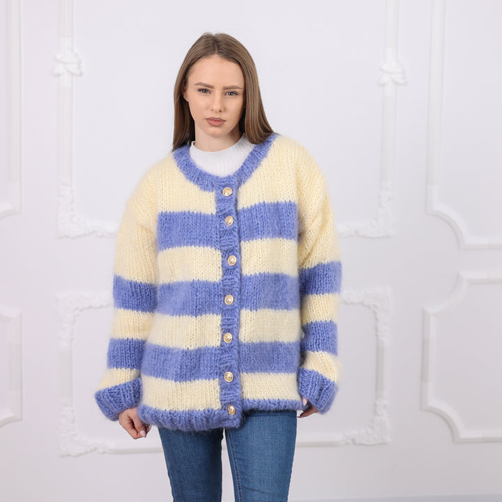 One available in size 6XL, Striped Mohair Cardigan, Soft Natural Texture,  Hand Knitted T2079