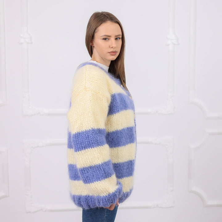 Striped Mohair Cardigan, Soft Natural Texture,  Hand Knitted T2079
