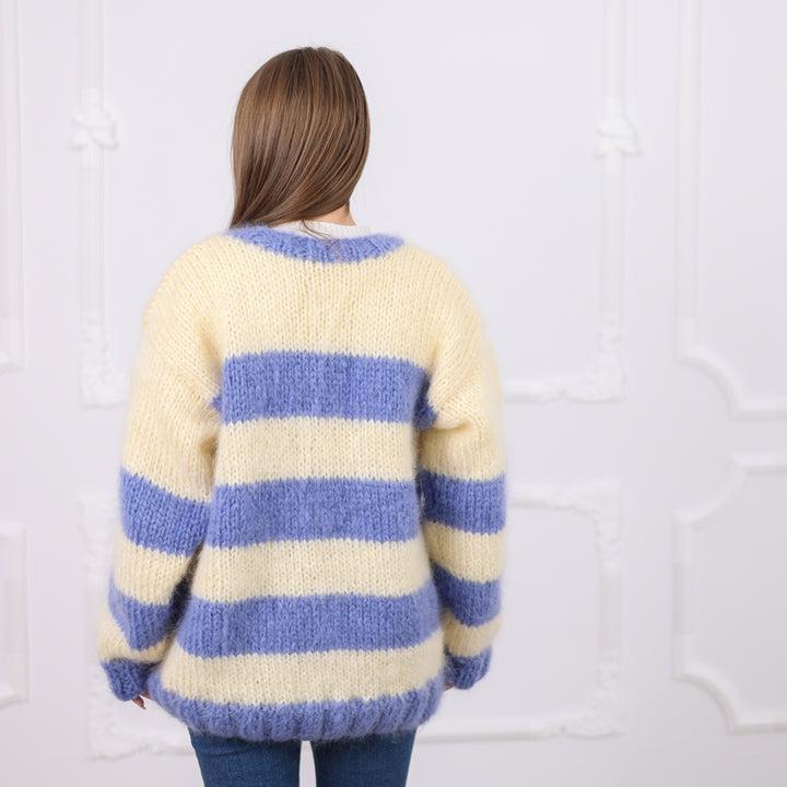 One available in size 6XL, Striped Mohair Cardigan, Soft Natural Texture,  Hand Knitted T2079