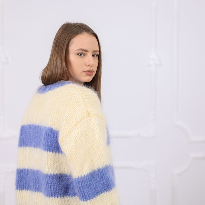 Striped Mohair Cardigan, Soft Natural Texture,  Hand Knitted T2079