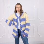 Erhältlich in Größe 6XL, gestreifter Mohair-Cardigan, weiche, natürliche Textur, handgestrickt T2079