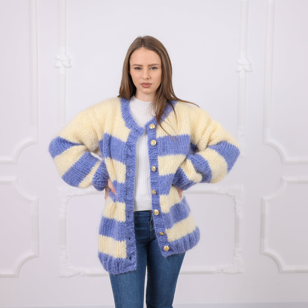 One available in size 6XL, Striped Mohair Cardigan, Soft Natural Texture,  Hand Knitted T2079