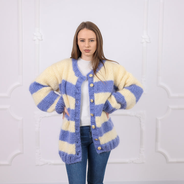 One available in size 6XL, Striped Mohair Cardigan, Soft Natural Texture,  Hand Knitted T2079