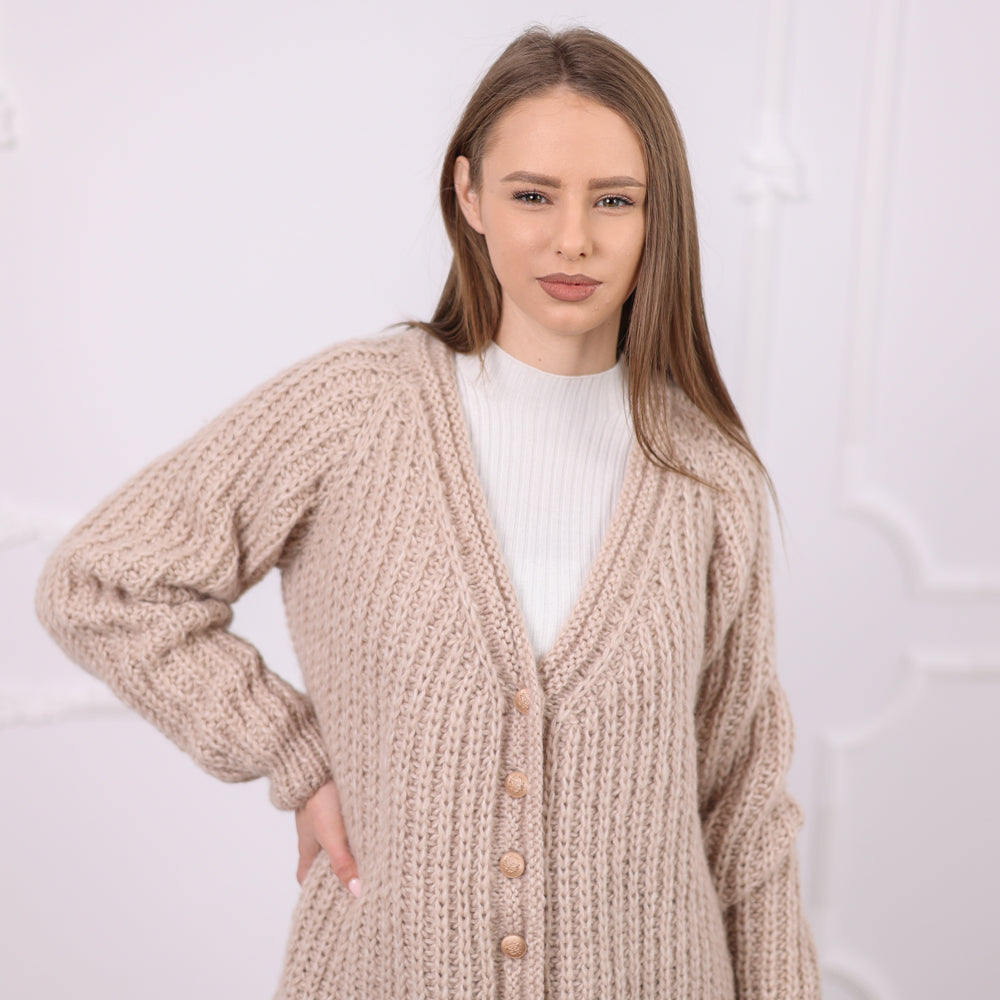 English Rib Alpaca Cardigan with Buttons, Lightweight Hand-Knit Coat T2080