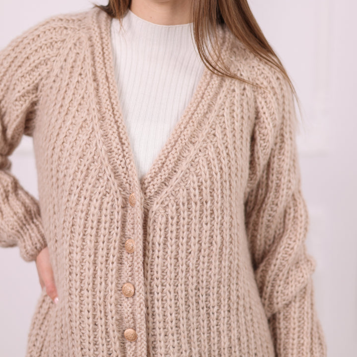 English Rib Alpaca Cardigan with Buttons, Lightweight Hand-Knit Coat T2080