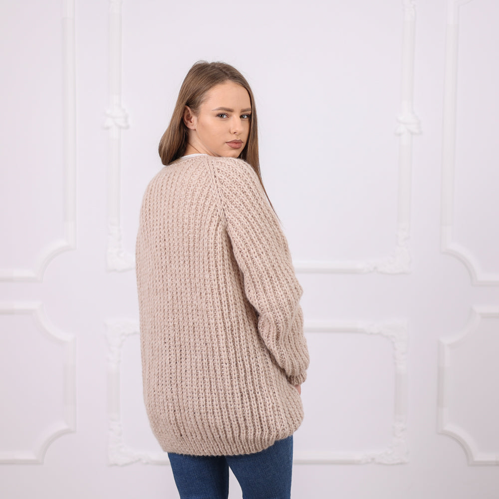 English Rib Alpaca Cardigan with Buttons, Lightweight Hand-Knit Coat T2080