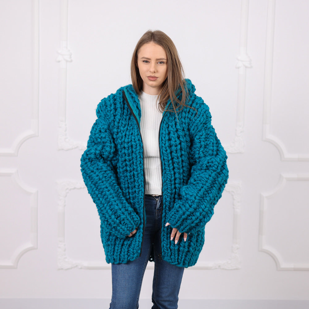 Hand Knitted Chunky Wool Cardigan, English Rib Texture, Zipped Front, Cozy Hooded Design, T2075