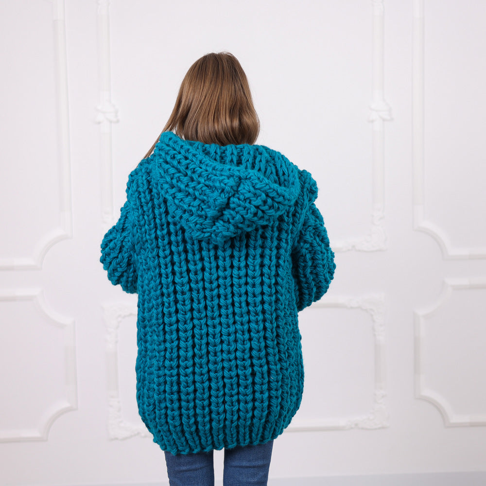 Hand Knitted Chunky Wool Cardigan, English Rib Texture, Zipped Front, Cozy Hooded Design, T2075