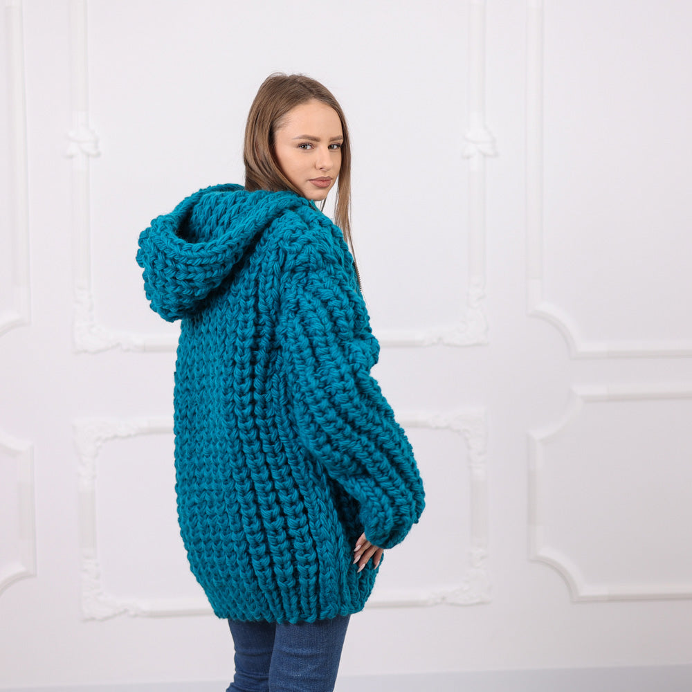 Hand Knitted Chunky Wool Cardigan, English Rib Texture, Zipped Front, Cozy Hooded Design, T2075