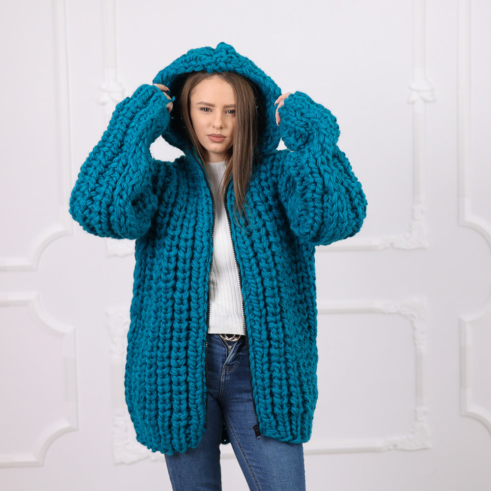 Hand Knitted Chunky Wool Cardigan, English Rib Texture, Zipped Front, Cozy Hooded Design, T2075