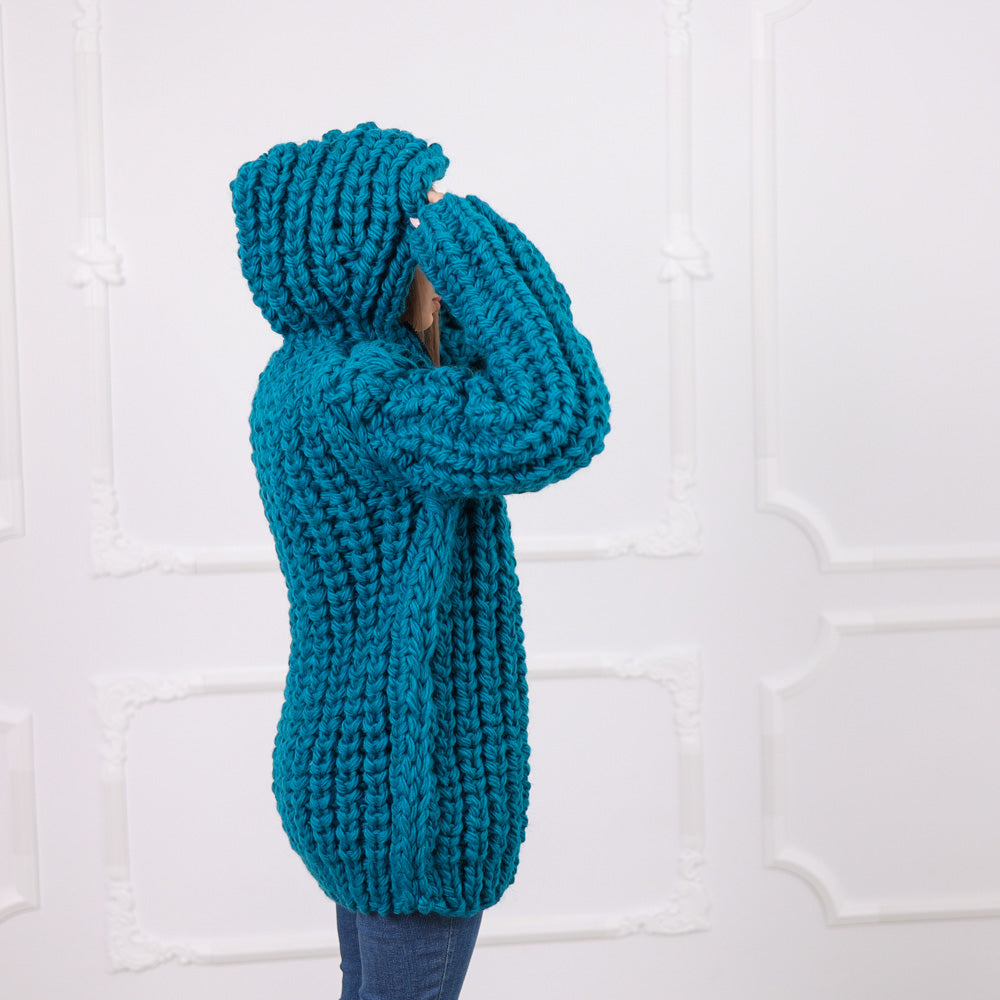 Hand Knitted Chunky Wool Cardigan, English Rib Texture, Zipped Front, Cozy Hooded Design, T2075