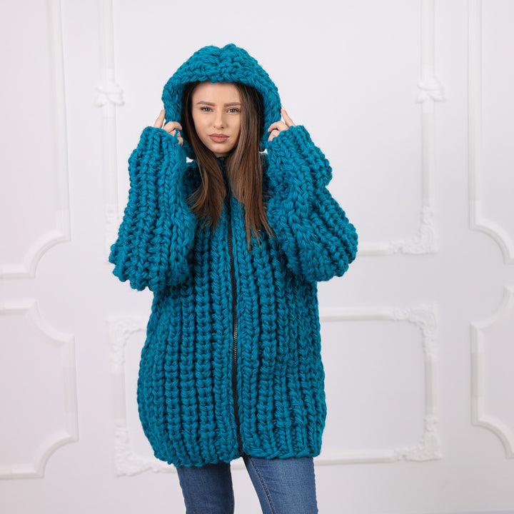 Hand Knitted Chunky Wool Cardigan, English Rib Texture, Zipped Front, Cozy Hooded Design, T2075